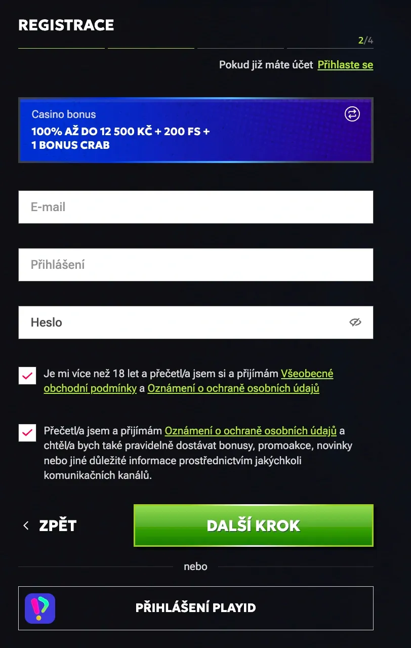 Registrační formulář v RTBet casino
